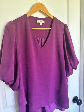 entro Berry Satin Blouse- Loose puff sleeves and Tulip Front Hem